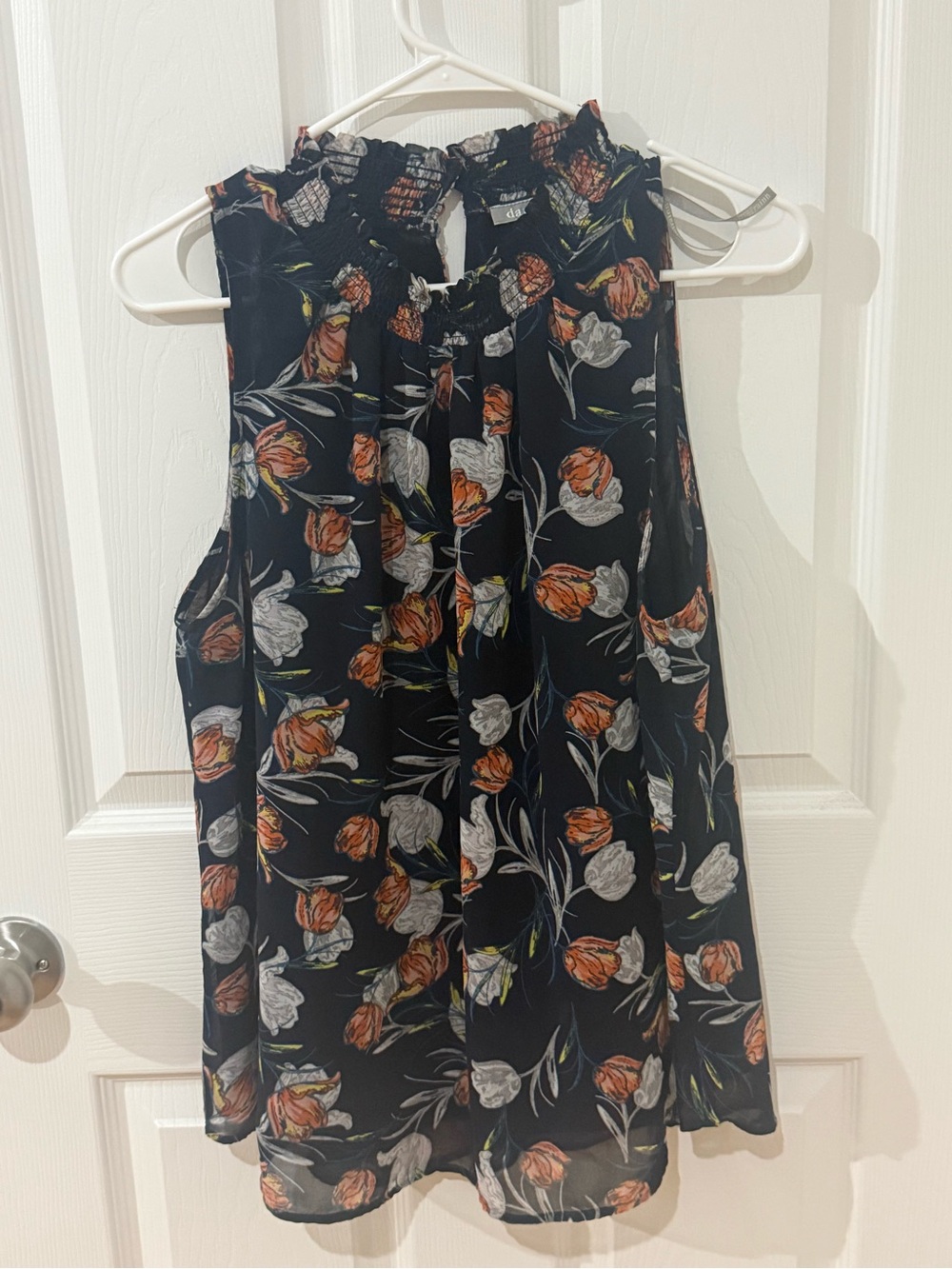 Floral Smocked Neck Sleeveless Top - Black with Orange & White Flowers
